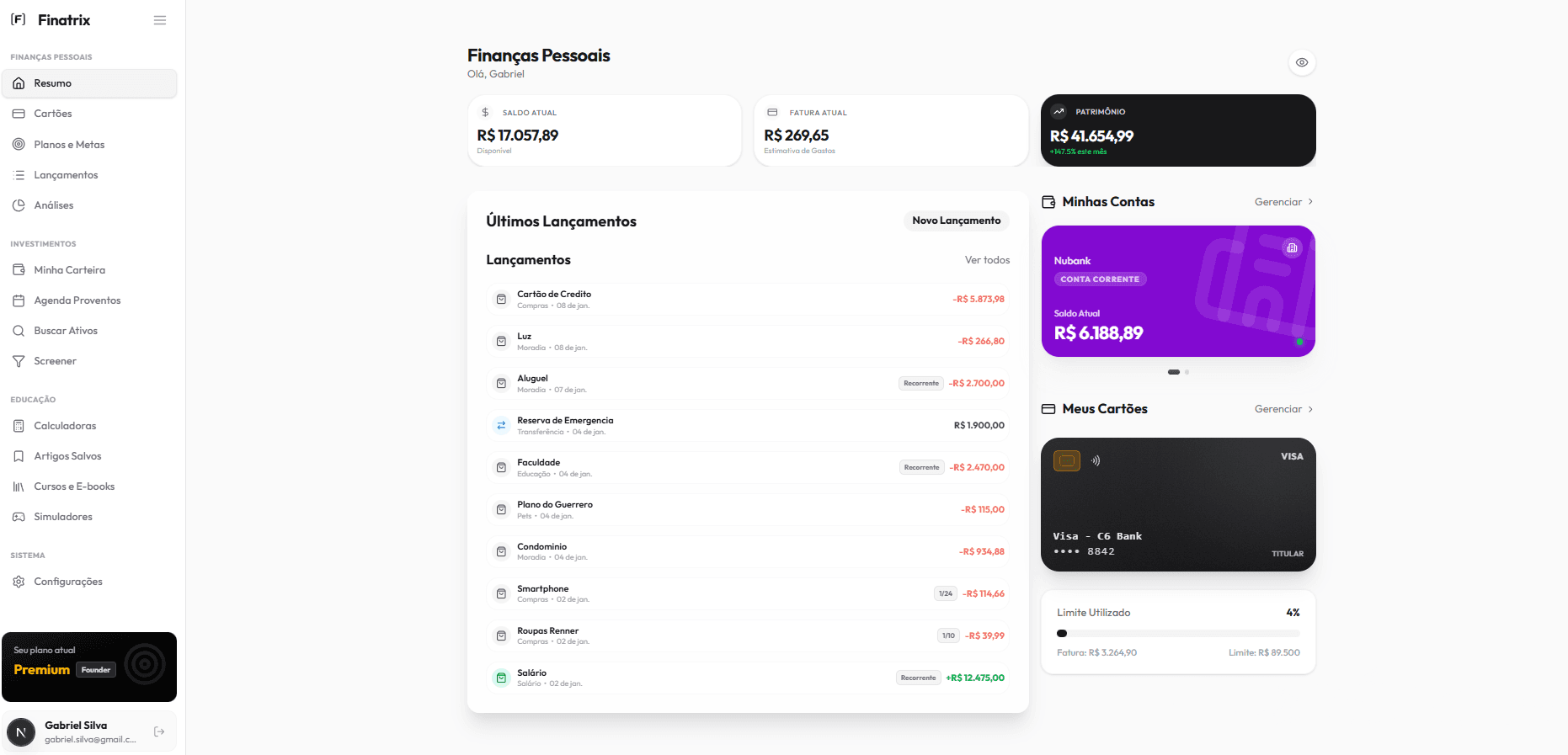 Dashboard de Controle Financeiro Finatrix
